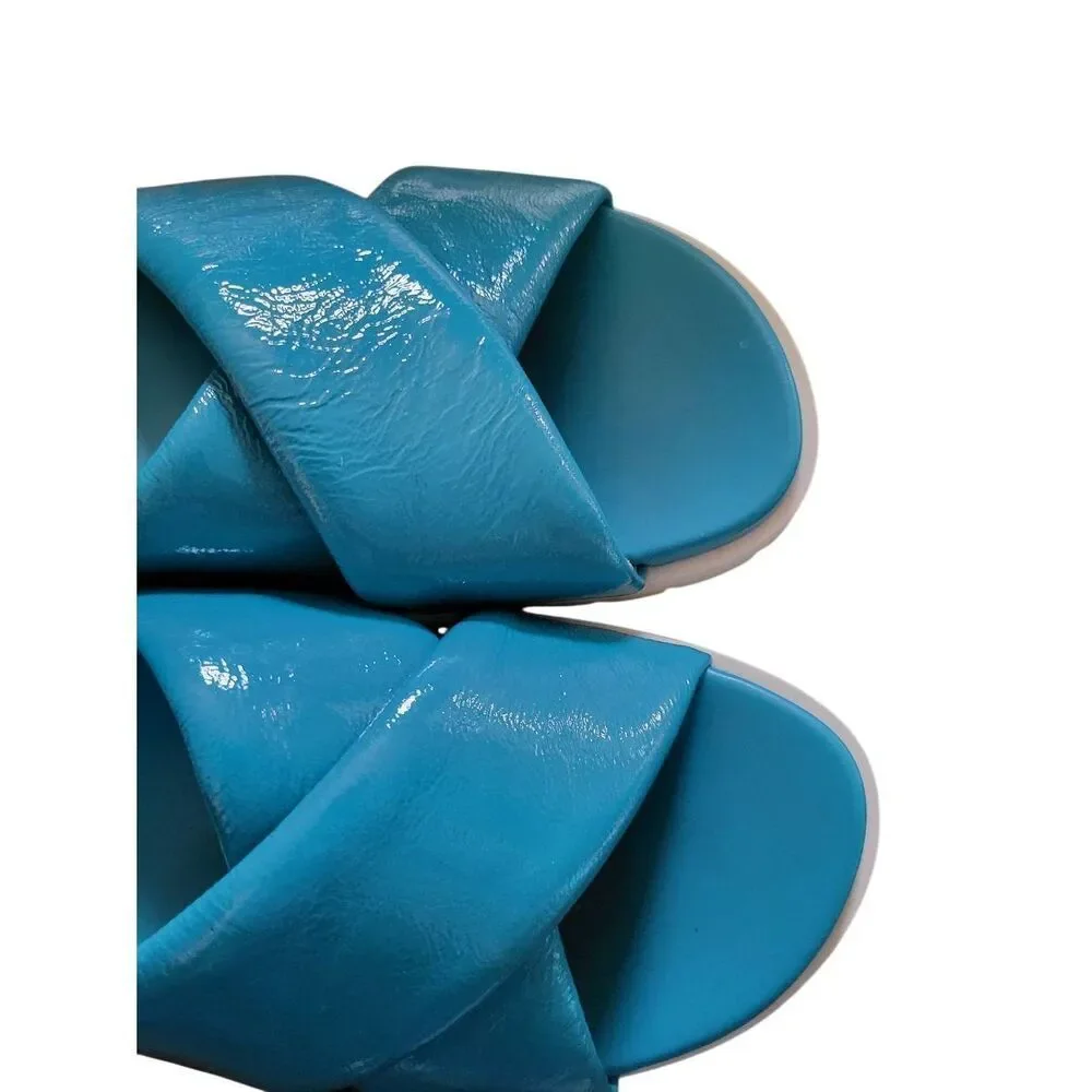 Vionic Sandals Women's 8 Turquoise Blue Vest Patent Leather Slide Platform